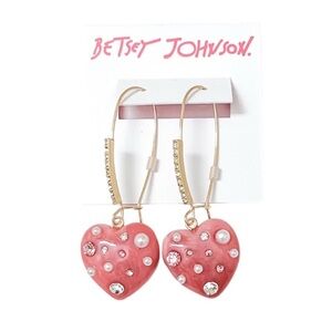 Betsey Johnson Gold Tone Pink Marble Heart W/ Faux Pearls Dangling Earrings